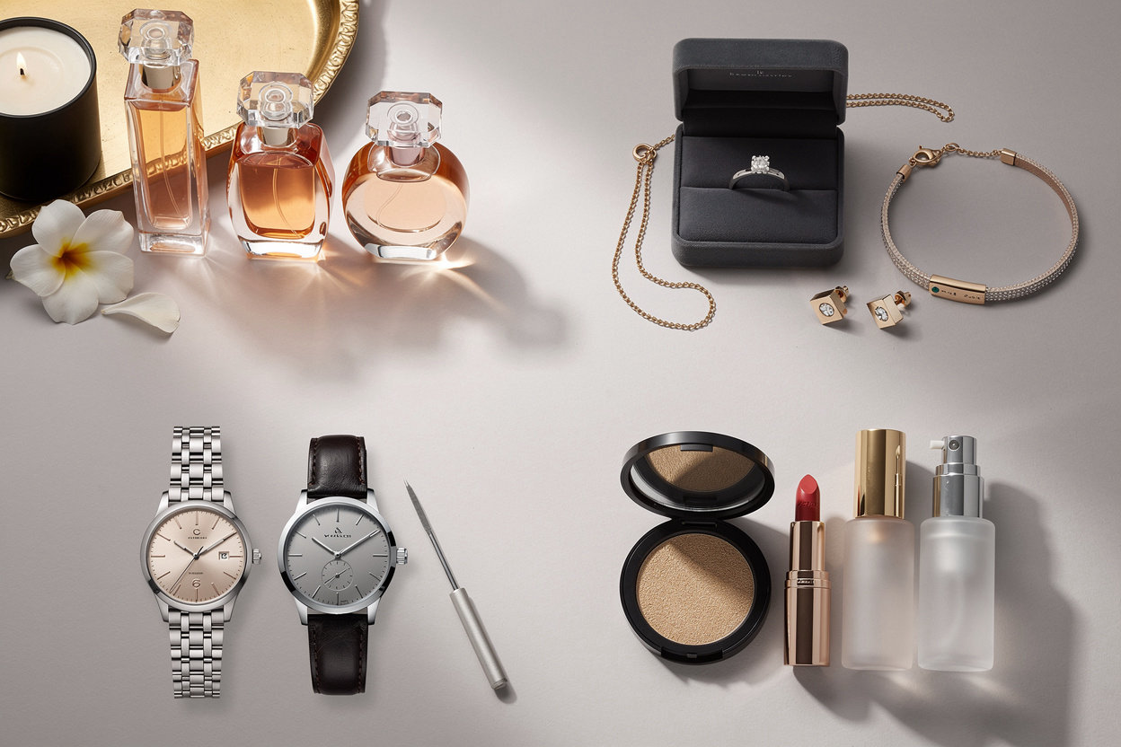 WDKK luxury collections - perfumes, jewelry, watches, and cosmetics displayed in premium retail environment